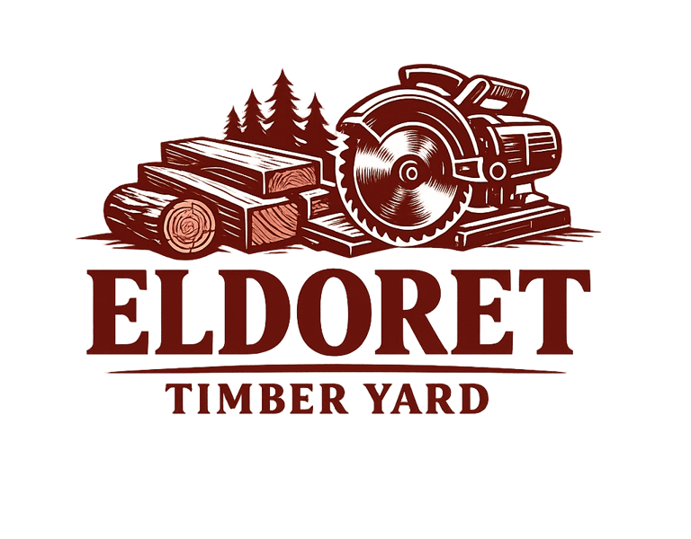 Eldoret Timber Yard logo featuring a circular saw machine and wood planks for carpentry.