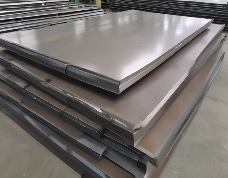 A warehouse aisle containing metal shelves filled with various building materials. In the center is a forklift, which appears to be moving a pallet loaded with blue and white containers. The surroundings are industrial, with visible shelving, concrete walls, and metal beams. The space has a cluttered yet organized feel, typical of large storage facilities.