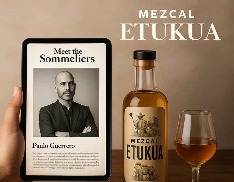 Una mano sosteniendo una tablet que muestra un perfil de un sommelier reconocido, con una botella