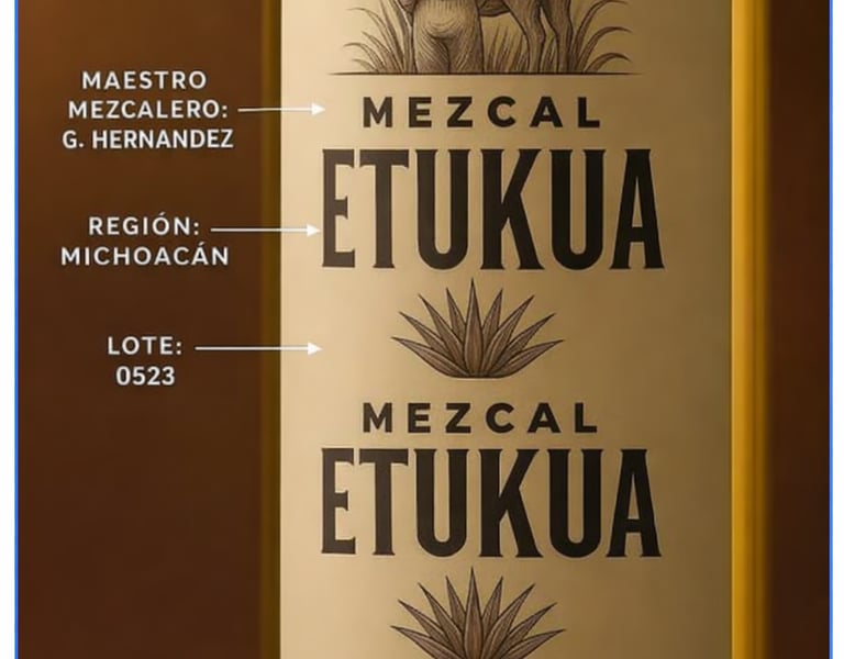 rimer plano de etiqueta de mezcal Etukua con indicadores que señalan el tipo de agave, maestro mezc