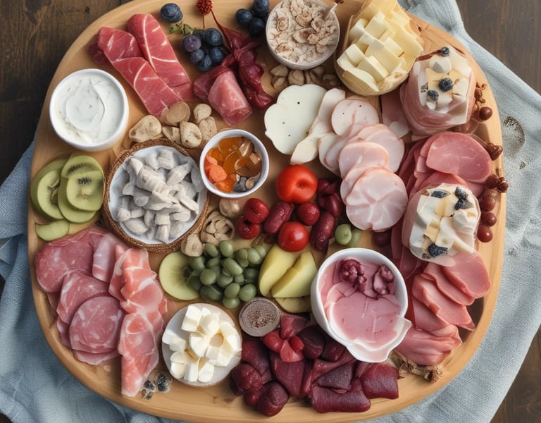 a wooden plate topped with different types of cheese