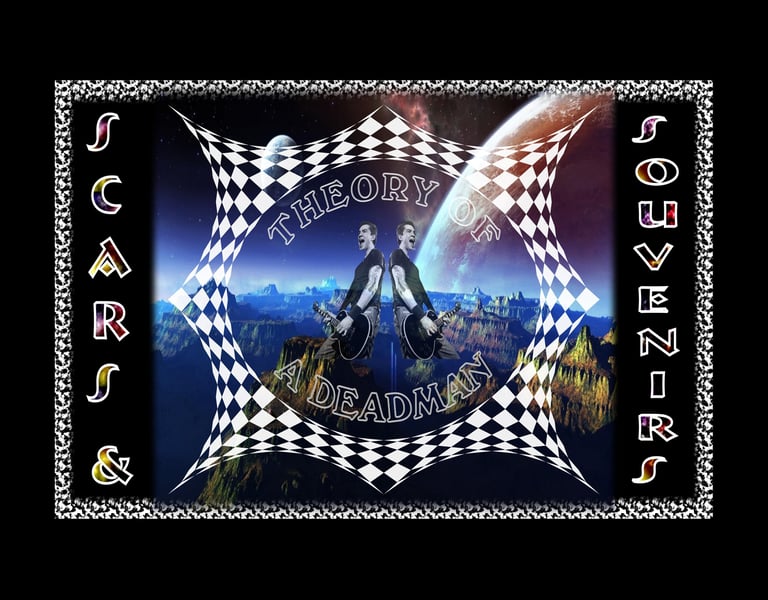 Theory of a Deadman Scars and Souvenirs album art style graphic with guitarists over a cosmic landscape.