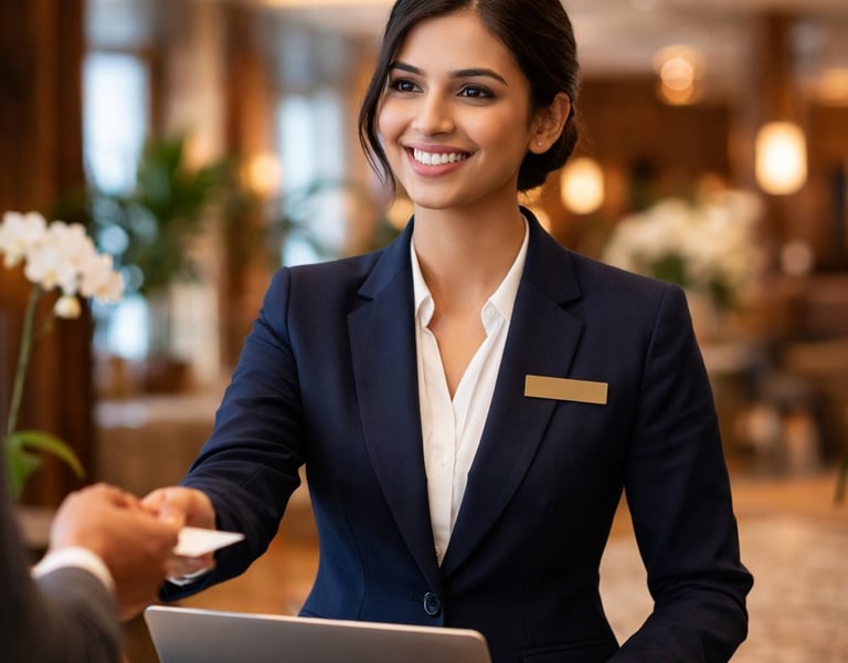 Hotel front desk professional assisting guest in modern hospitality environment