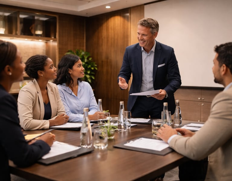 Hospitality consultant leading meeting with hotel management team in conference room