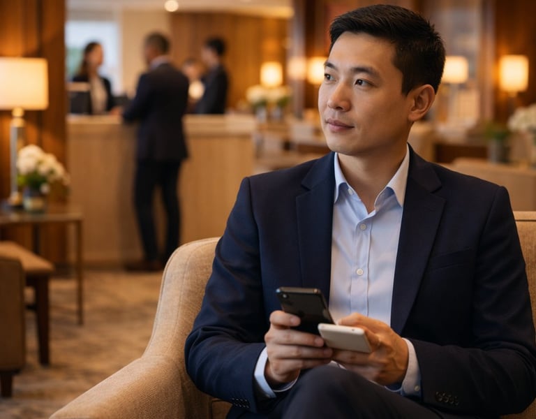 Chinese mystery auditor observing guest experience in a hotel lounge
