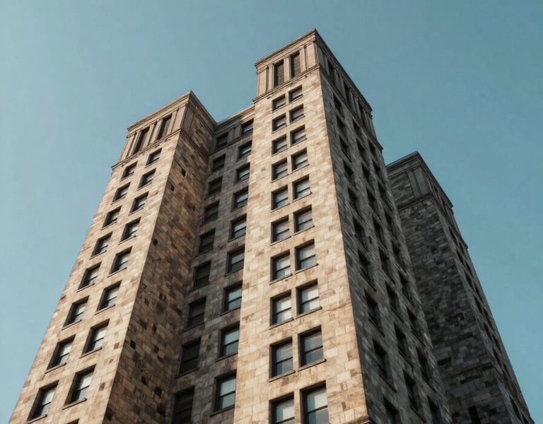 Low angle looking up at the South Estate towers from open ground, clear morning light raking across the stone facade, sky filling the upper two-thirds of the frame, architectural texture and shadow visible on the building surface