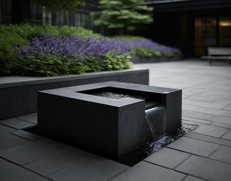 Modern black stone water feature with a waterfall spillway in a garden patio.