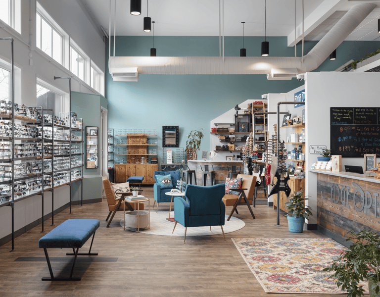 Interior of Edge Optics Fort Collins location, showing the fashion eyewear displays and unique decor