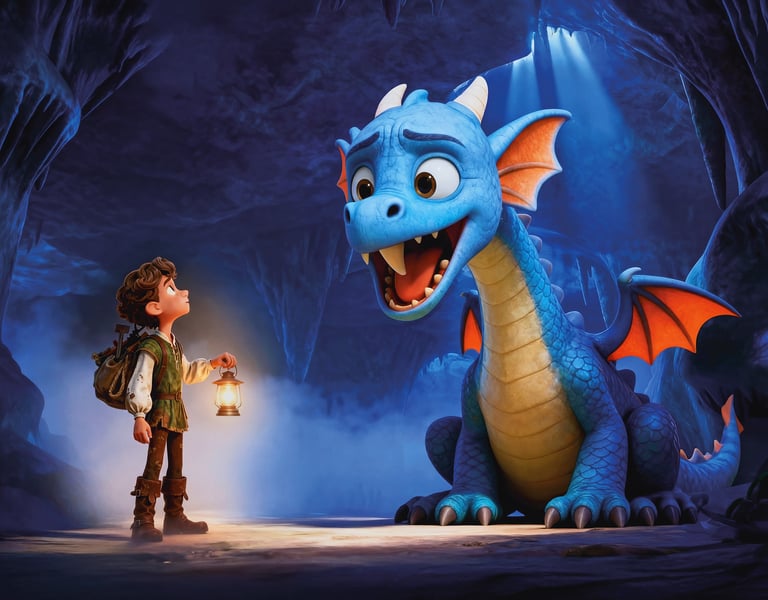 A young boy with a lantern discovers a friendly blue dragon inside a glowing crystal cave.
