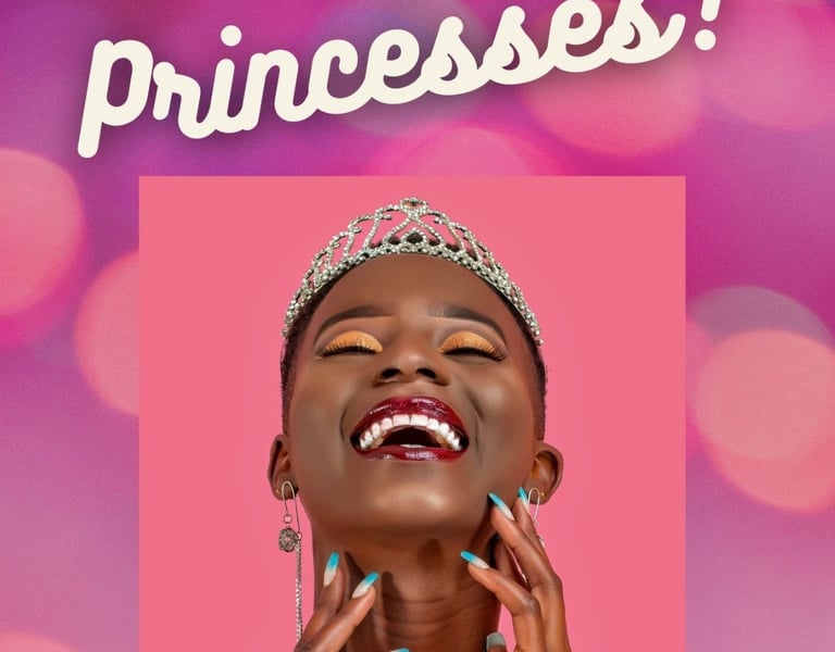 Smiling Black woman wearing a silver princess tiara and glamour makeup with the word Princesses.