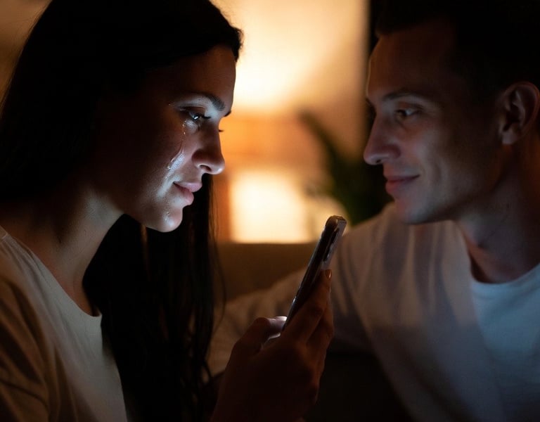 A crying woman looking at a smartphone screen while a man comforts her in a dark room.