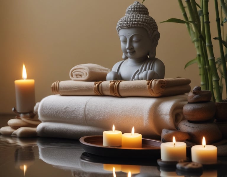 Elegant close-up of a woman's radiant face with flawless skin in a luxurious spa setting.