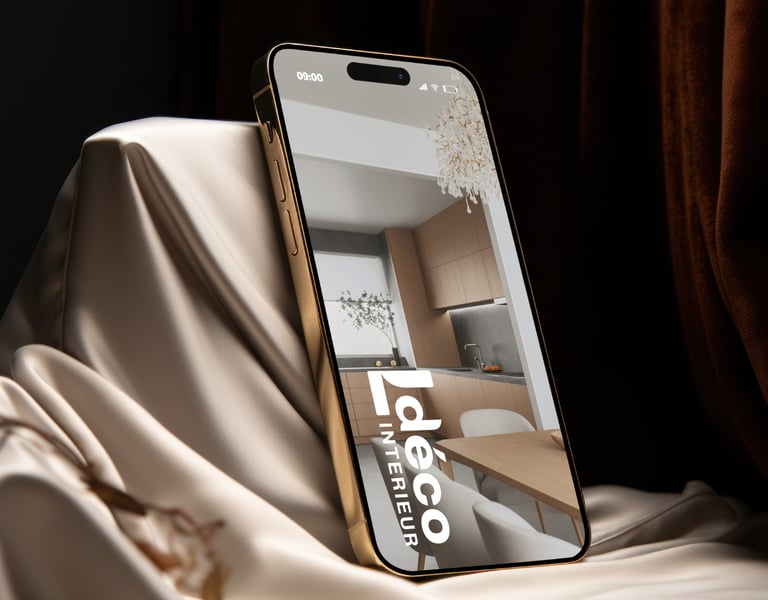 Smartphone affichant une application de décoration intérieure avec logo de marque