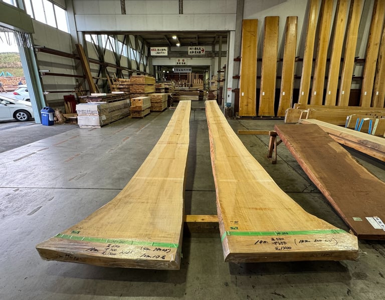 Two long, raw natural wood slabs displayed in a Japanese lumber warehouse for woodworking.