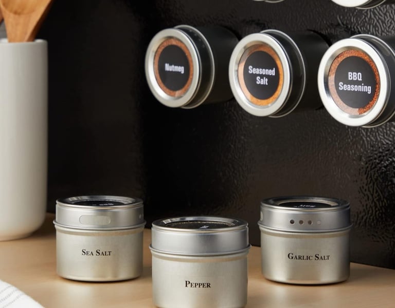 magnetic spice jars on refrigerator for small kitchen organization