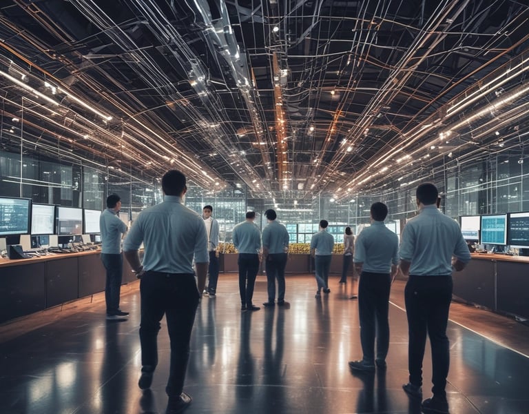 A professional team collaborating on a digital project in a modern office setting.