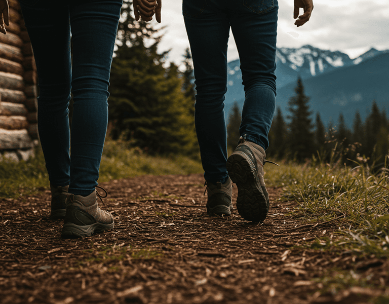 two people walking down a path with mountains in the background