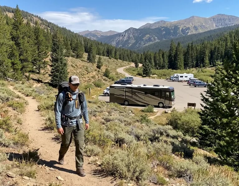 Hiker wearing convertible pants on desert trail with RV at trailhead — Horacio & Visconti