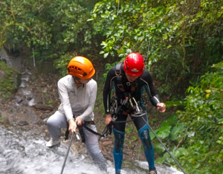 Persona descendiendo en rápel por la Cascada Luciana entre roca y bosque húmedo