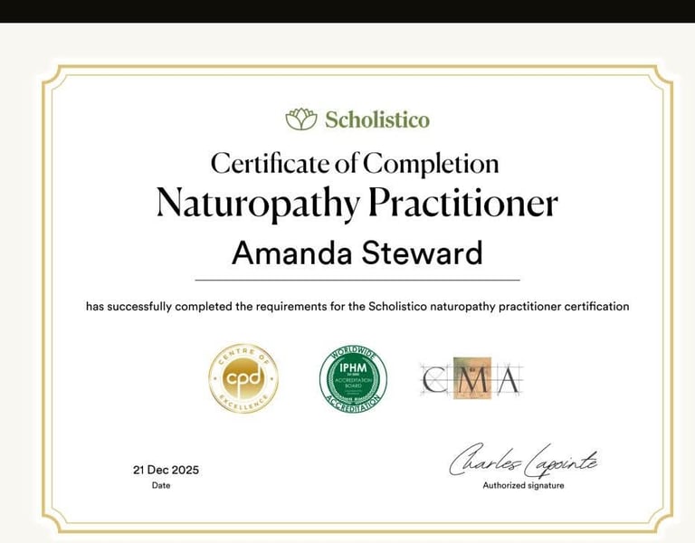 Scholistico certificate of completion for Amanda Steward as a certified Naturopathy Practitioner.