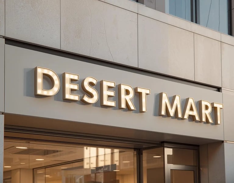 a desert mart sign on a building with a clock on it
