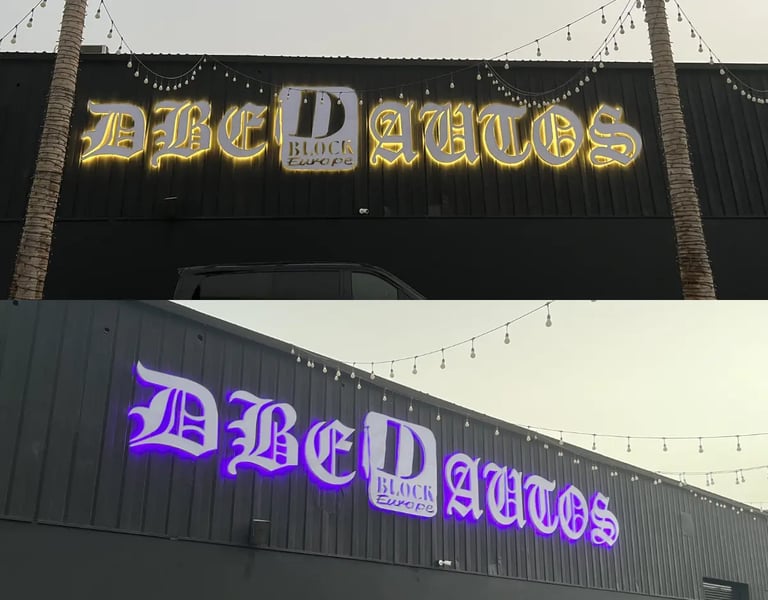 DBE Autos Dubai 3D Acrylic & channelium Backlight signage in Warm white & purple backlite 