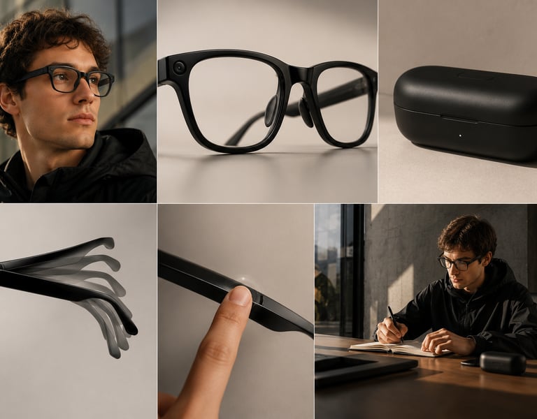 Lunettes connectées premium avec verres photochromiques, contrôle tactile et boîtier de recharge.