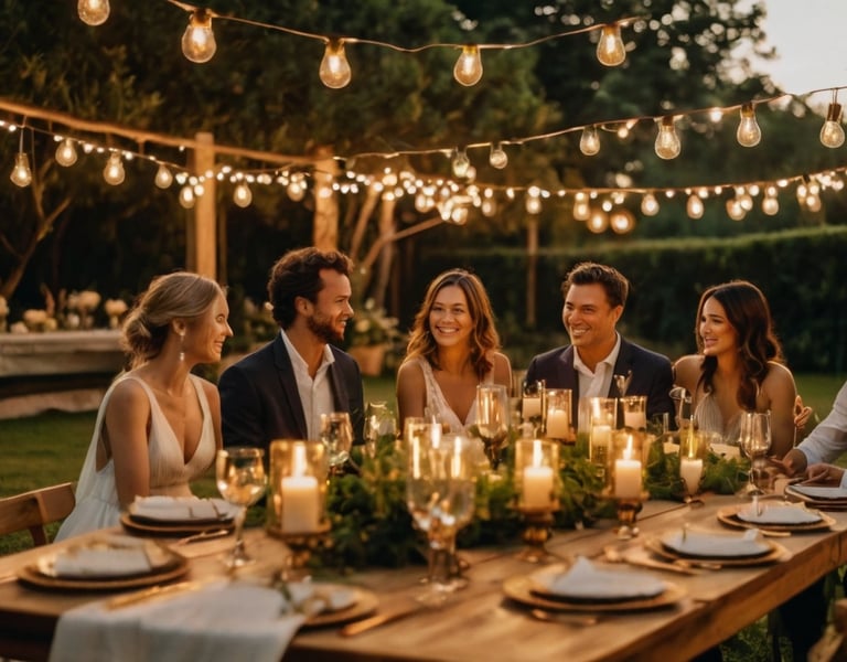 Dîner de mariage intimiste en extérieur avec guirlandes lumineuses