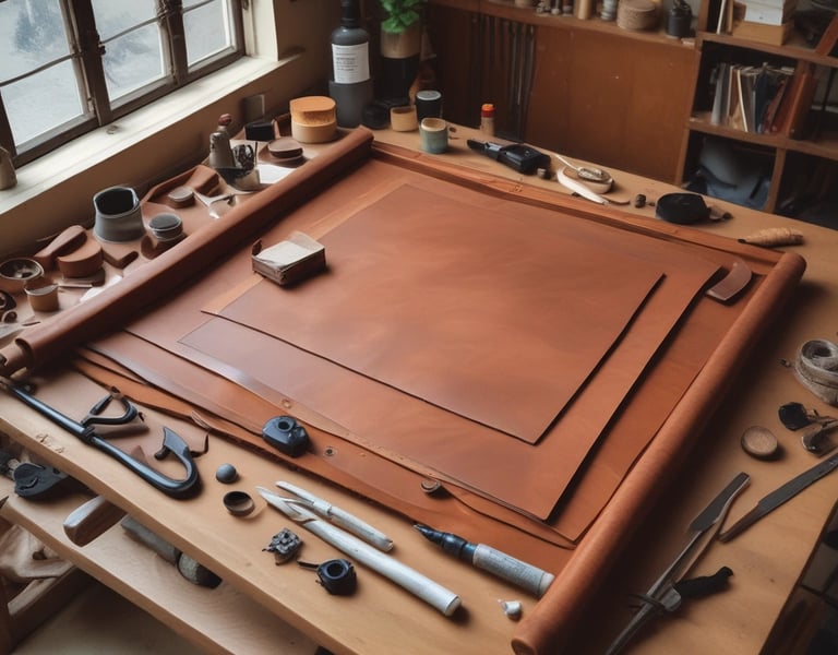 Three leatherworking tools with wooden handles rest on a wooden surface. The tools have curved metal tips and brass accents near the handles.
