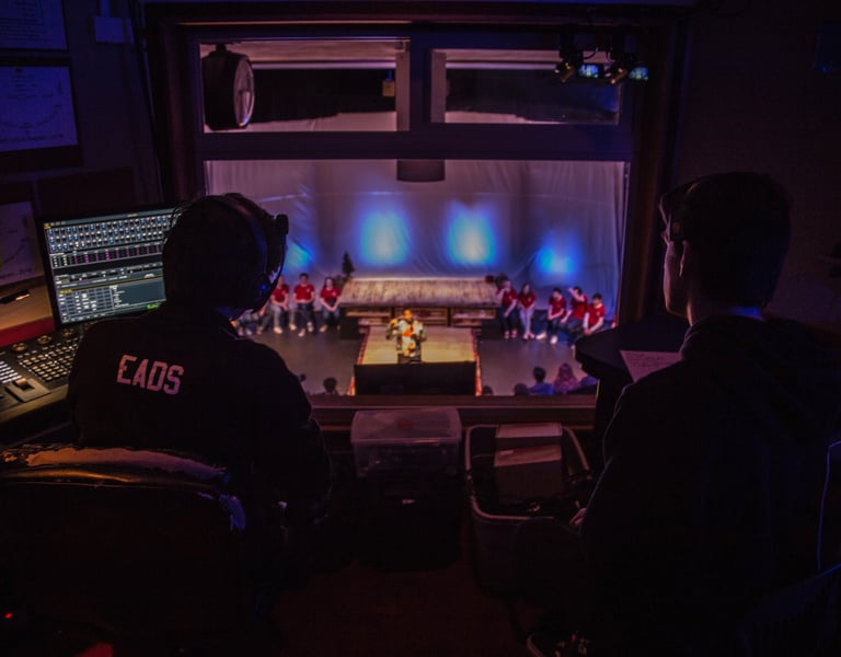 Two figures facing away from the camera looking through a window to the stage