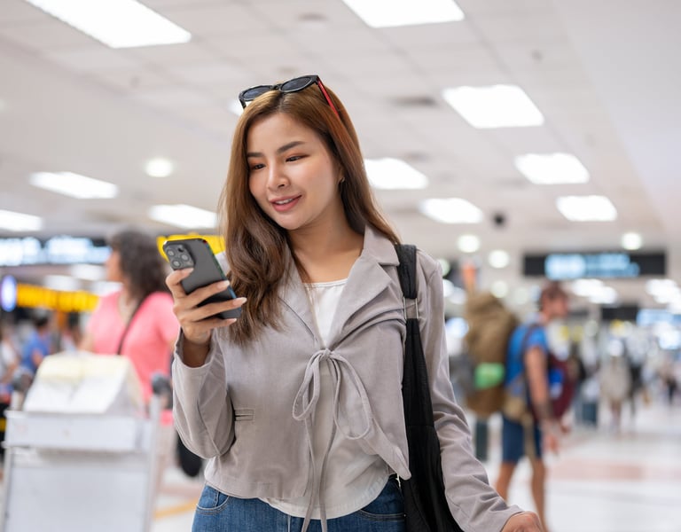 a woman in a gray jacket and sunglasses is holding a cell phone