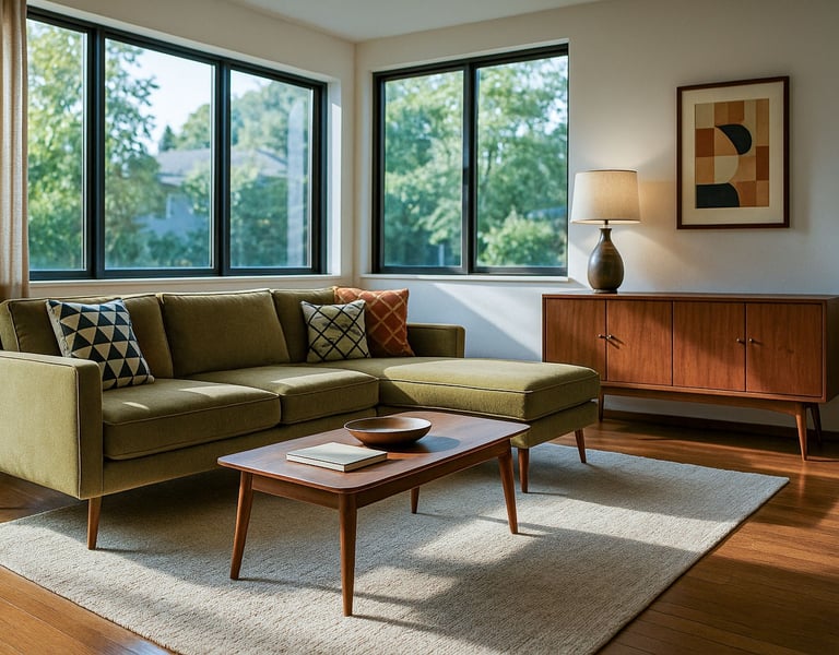 Mid-Century Modern living room with mustard sofa, chaise, walnut furniture, and large sunlit windows