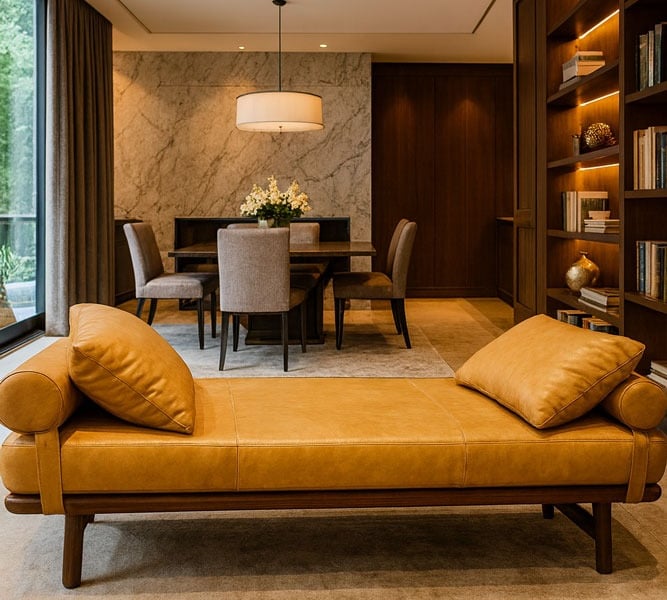 Luxury mustard leather daybed with cushions, styled in a high-end living room, custom crafted by Solo Home Decor.