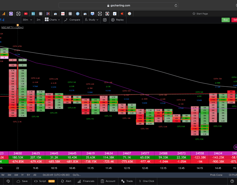 Nifty 50 Future - 30 Minutes Timeframe  order-flow Chart Showing Market Trends  for Today Market 