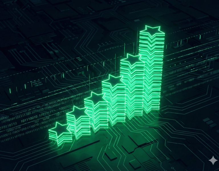 Gráfico de crescimento de avaliações 5 estrelas no Google, resultado da gestão profissional de reputação.