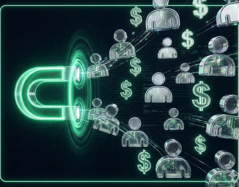 Ícone minimalista de ímã neon ilustrando a atração de leads e alta taxa de conversão em Landing Pages.