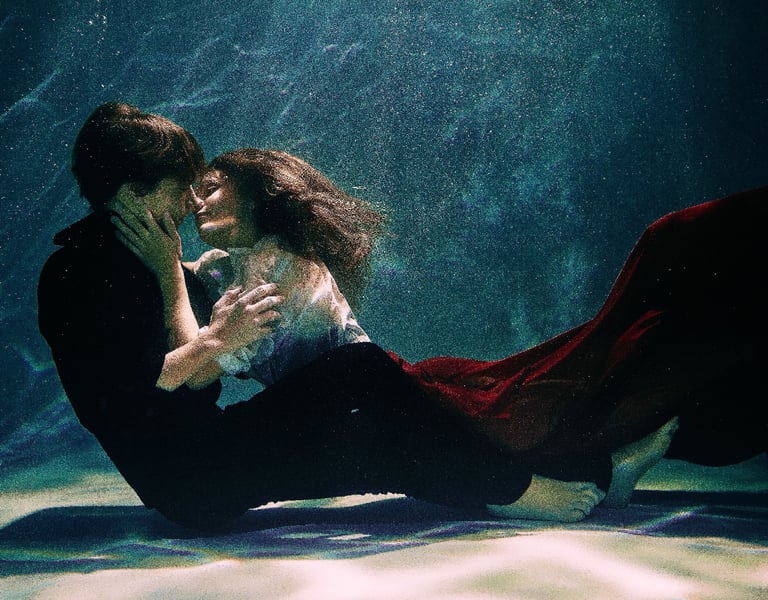Men and women drowning and kissing passionately