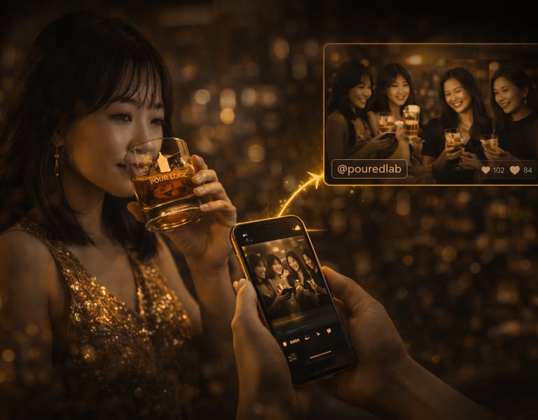 customer holding branded drink and phone interaction