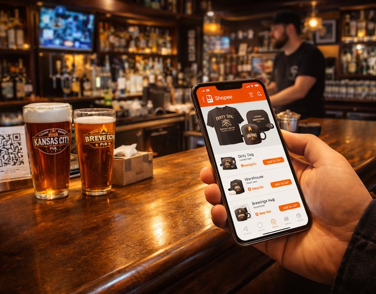 Customer holding phone at bar showing drink selection and ordering concept