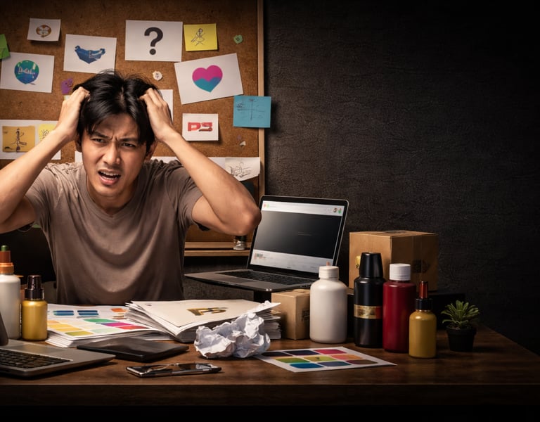 person frustrated at desk with branding materials and notes