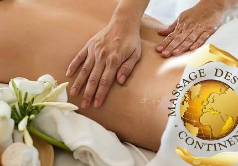 Massage du dos avec le logo du Massage des 5 Continents en surimpression.