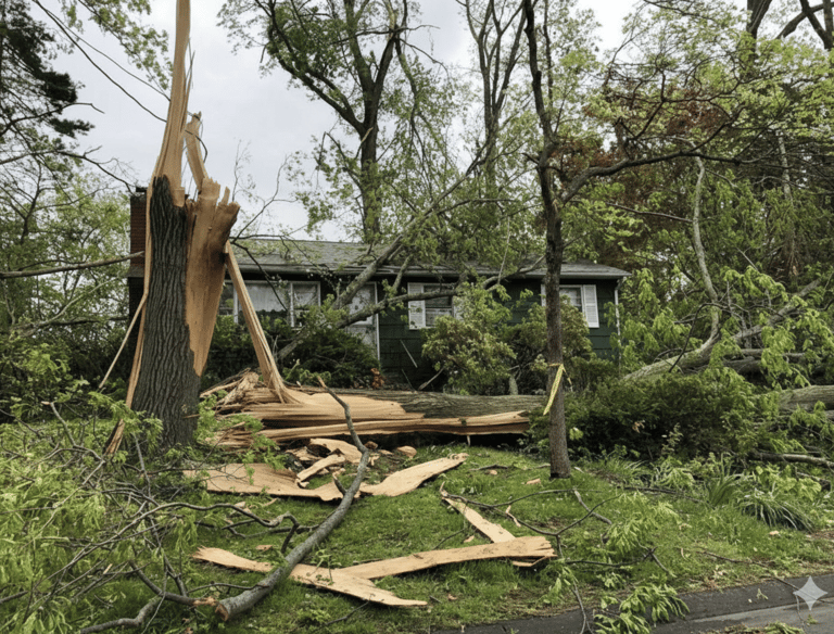 A large tree split and fallen onto a house roof after severe storm wind damage.