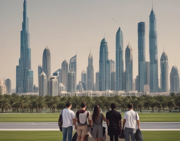 Students studying together on a modern university campus in Dubai under clear blue skies.