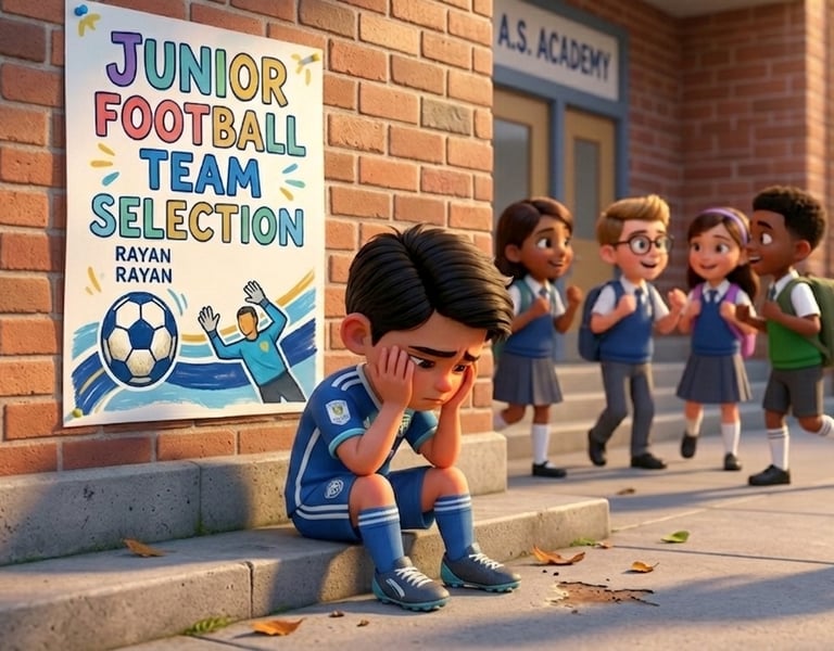 Sad young boy in a blue soccer uniform sitting near a junior football team selection poster.