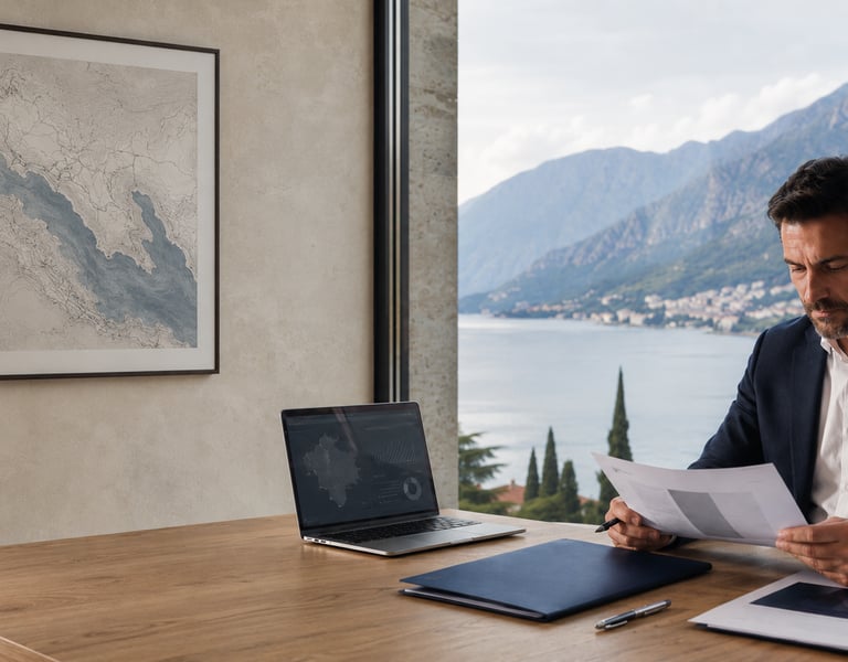 Business professional reviewing company formation documents in an office overlooking the Bay of Kotor, Montenegro