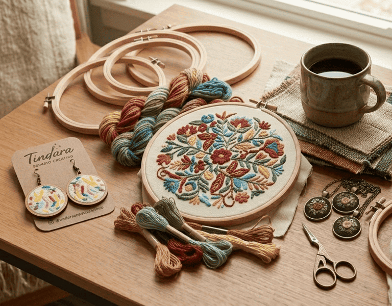 Bordados florales hechos a mano, madejas de hilo de colores y joyas bordadas sobre mesa de madera.