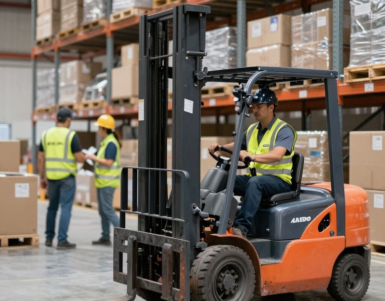 A diverse team of warehouse workers collaborating efficiently in a bright, organized facility.