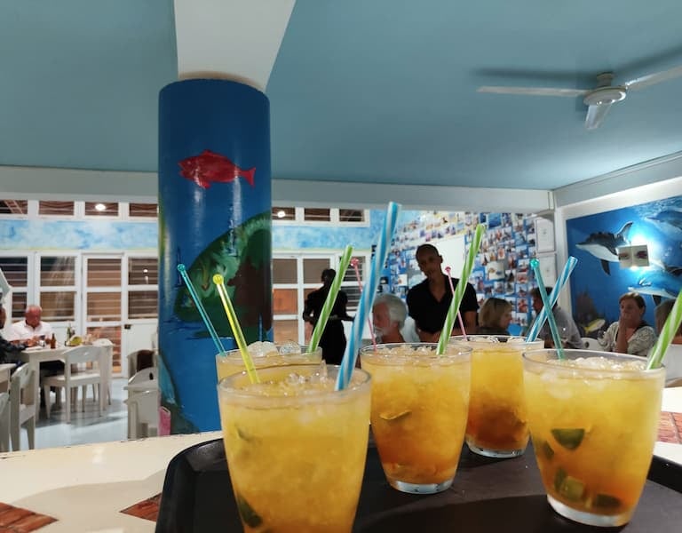 cocktail ghiacciati alla frutta serviti su un vassoio al bar dell'hotel.