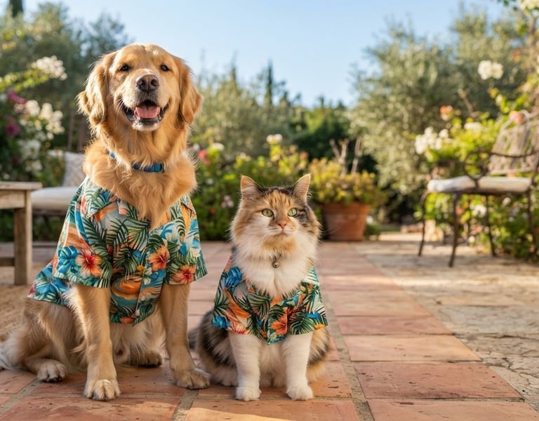 Golden amarillo con camisa playera y gato tricolor con playera fresca