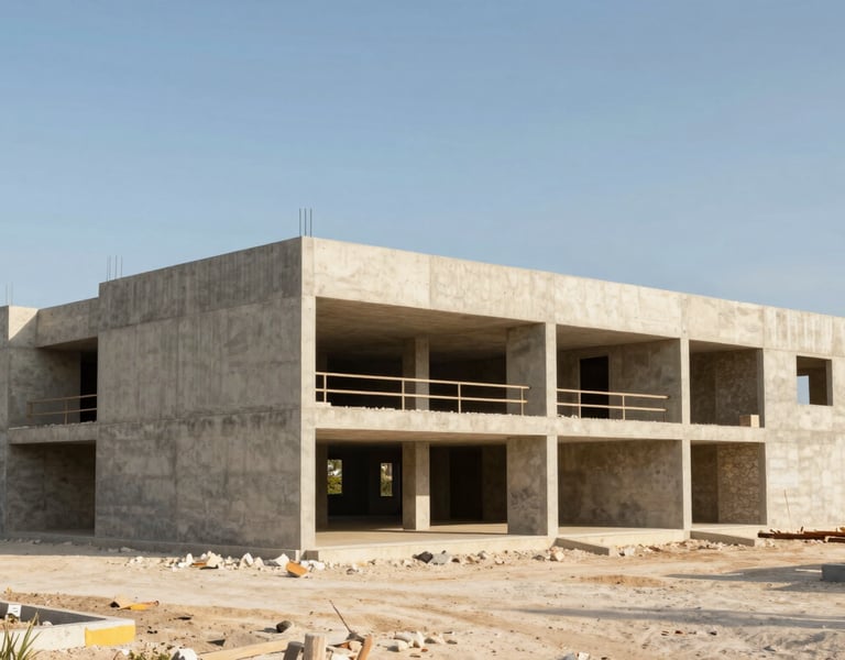 Un edificio de hormigón de varias plantas en construcción, con estructura de madera a la vista